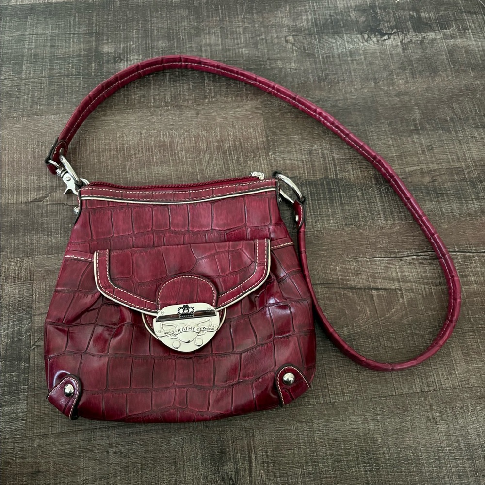 Kathy Van Zeeland Burgundy Croc-Embossed Crossbody Bag